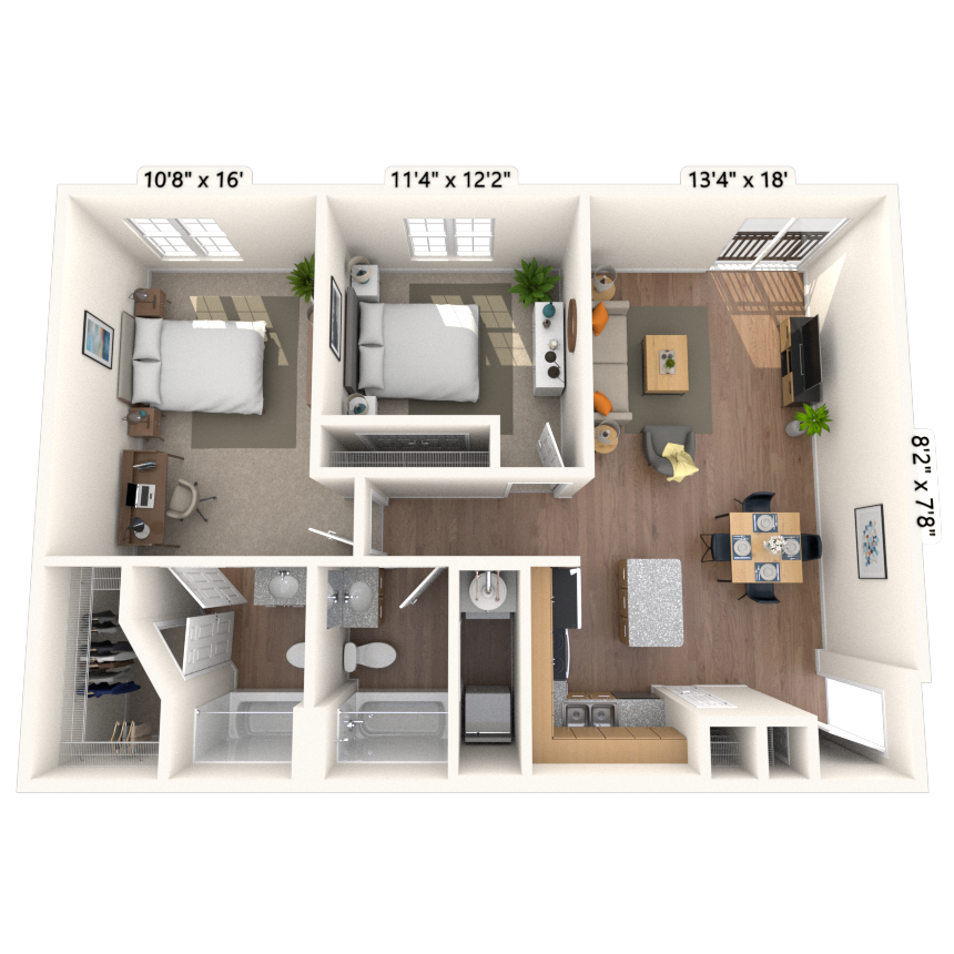 Floor plan for 2 beds, 2 baths, 954 sqft
